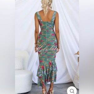 Floral Ruched Mesh Overlay Ruffle Hem Maxi Dress